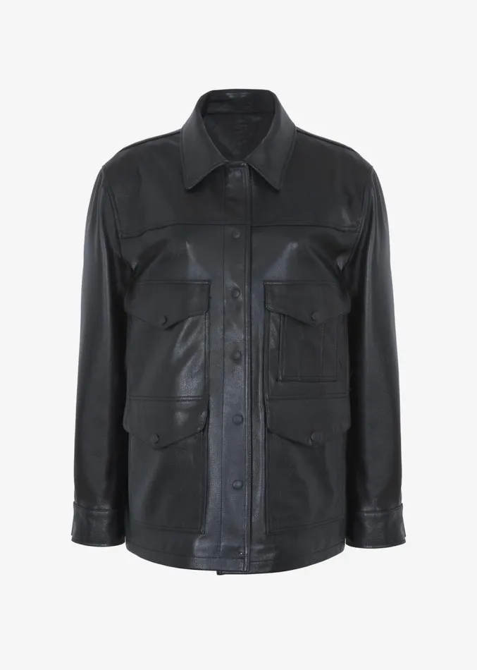 The Frankie Shop Inge Leather Shirt Jacket 8211 Black Women Outerwear