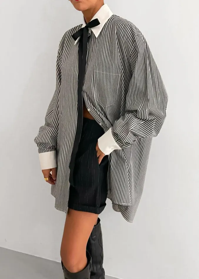 The Frankie Shop Jany TieNeck Shirt 8211 Black Stripe Women Clothing