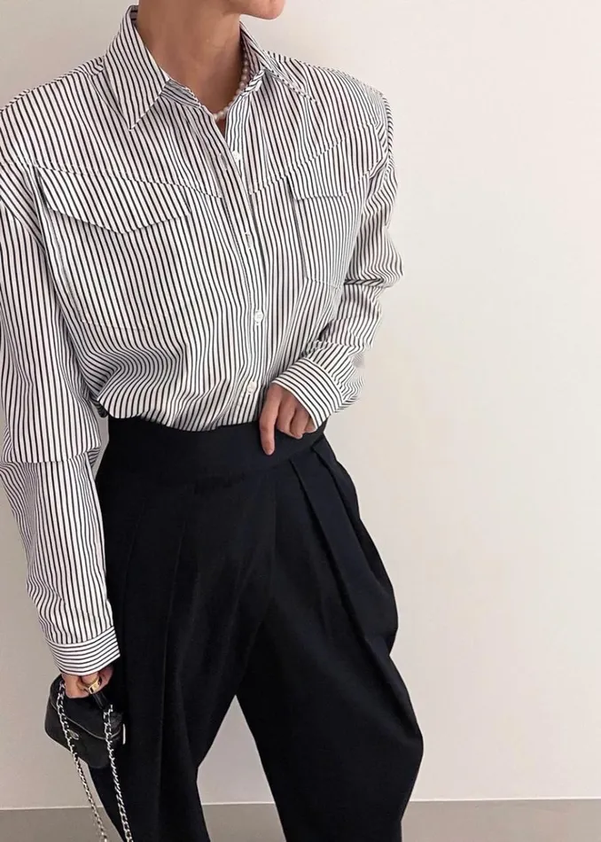 The Frankie Shop Jeanne Padded Shirt 8211 Black Stripe Women Tops