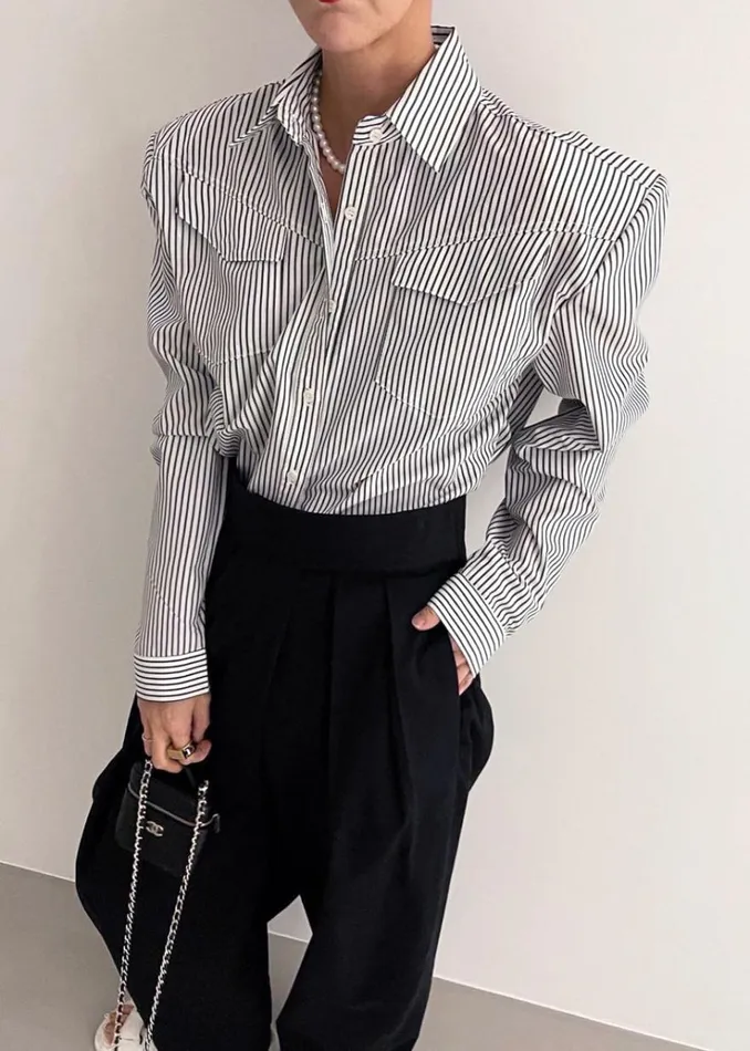 The Frankie Shop Jeanne Padded Shirt 8211 Black Stripe Women Tops