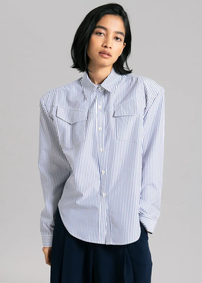 The Frankie Shop Jeanne Padded Shirt 8211 Navy Stripe Women Tops