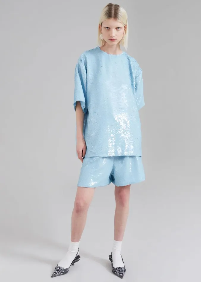 The Frankie Shop Jones Boxy Sequins Tee 8211 Sky Women Clothing
