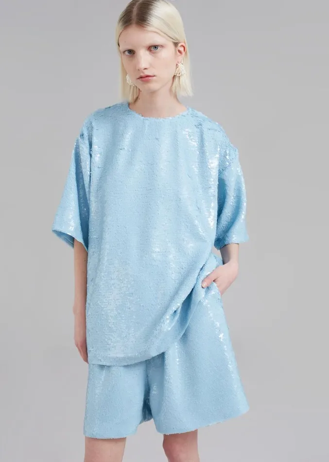 The Frankie Shop Jones Boxy Sequins Tee 8211 Sky Women Clothing