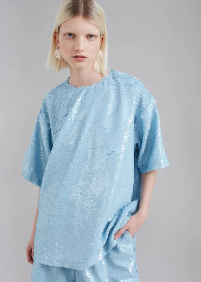 The Frankie Shop Jones Boxy Sequins Tee 8211 Sky Women Clothing