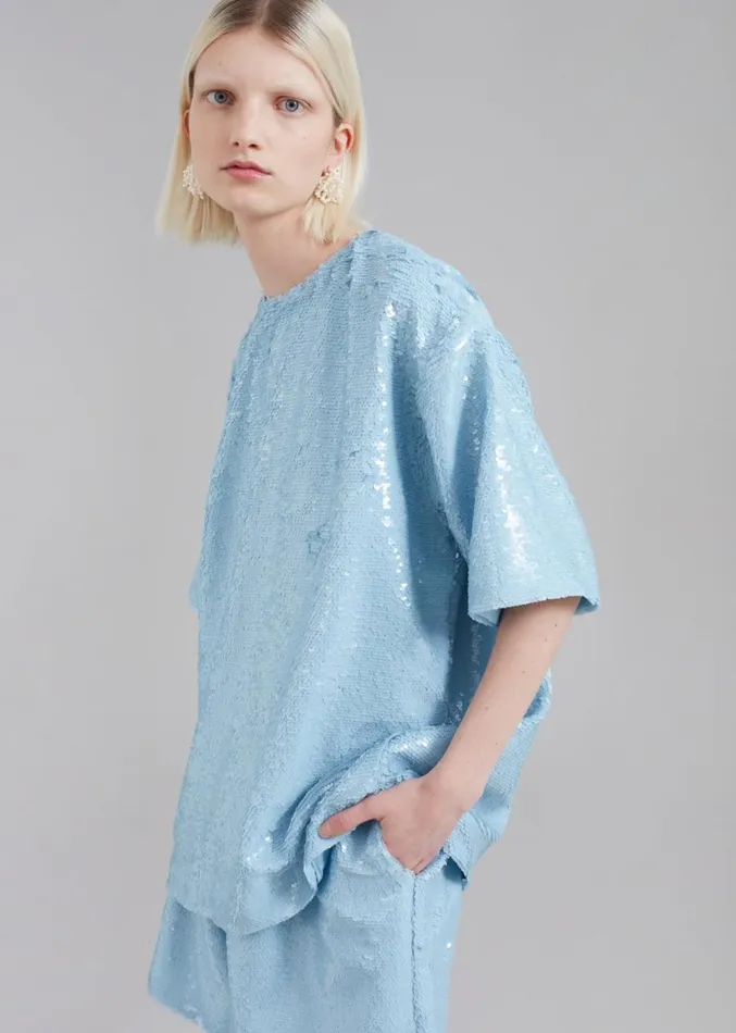 The Frankie Shop Jones Boxy Sequins Tee 8211 Sky Women Clothing