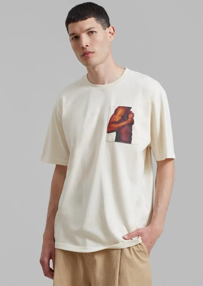 The Frankie Shop JW Anderson Bicep Stud Chest Pocket TShirt 8211 Beige Men Clothing The Frankie Shop JW Anderson Bicep Stud Chest Pocket TShirt 8211 Beige Men Clothing