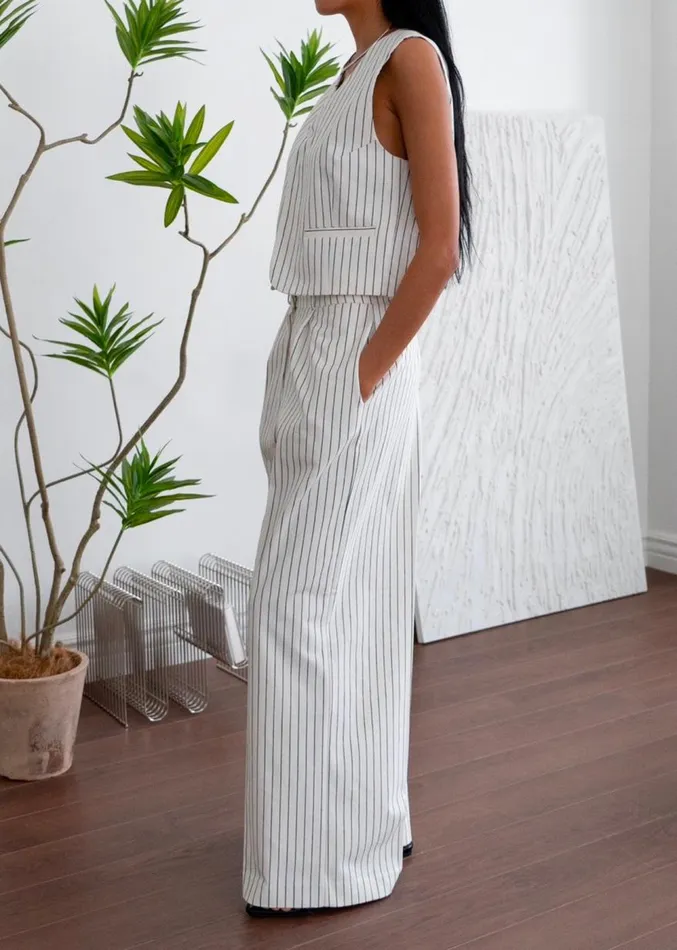 The Frankie Shop Landry Wide Leg Trousers 8211 WhiteBlack Stripe Women Suits