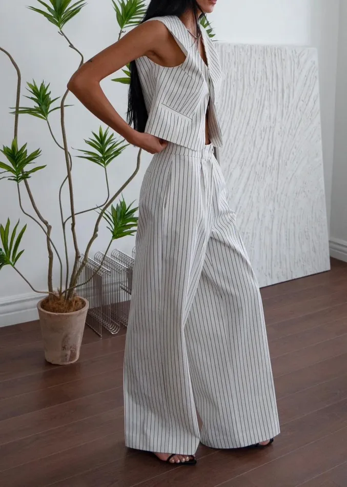 The Frankie Shop Landry Wide Leg Trousers 8211 WhiteBlack Stripe Women Suits
