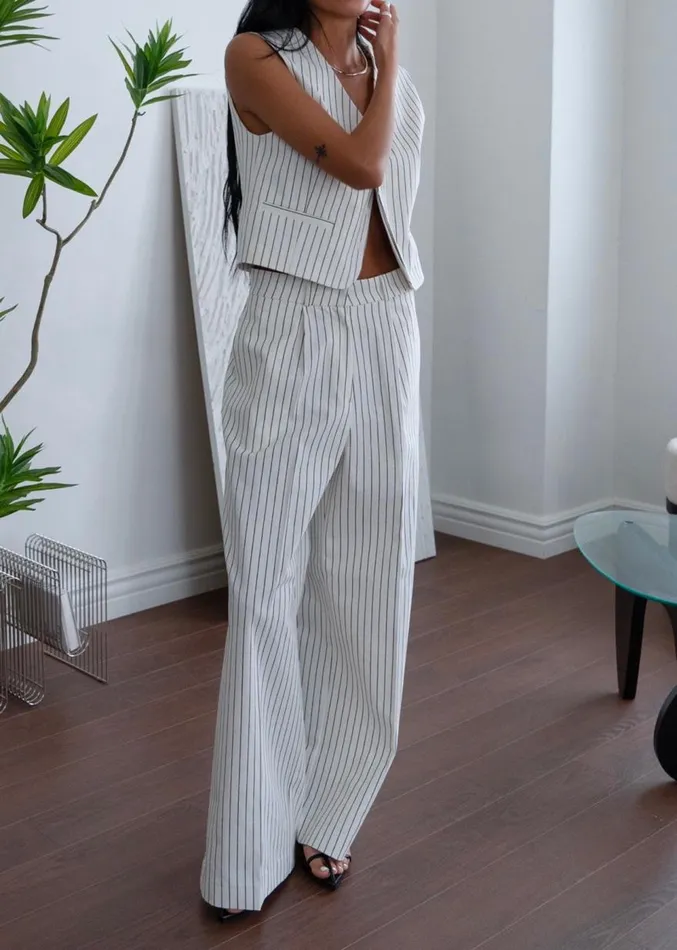The Frankie Shop Landry Wide Leg Trousers 8211 WhiteBlack Stripe Women Suits