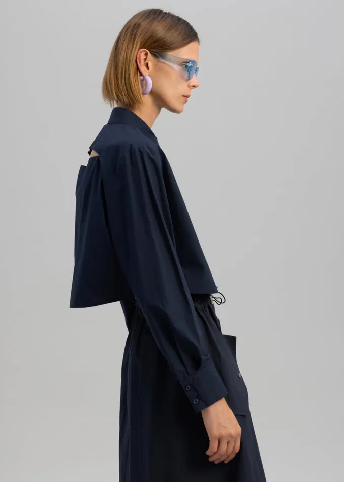 The Frankie Shop Lara Open Shoulder Cropped Shirt 8211 Navy Women Clothing