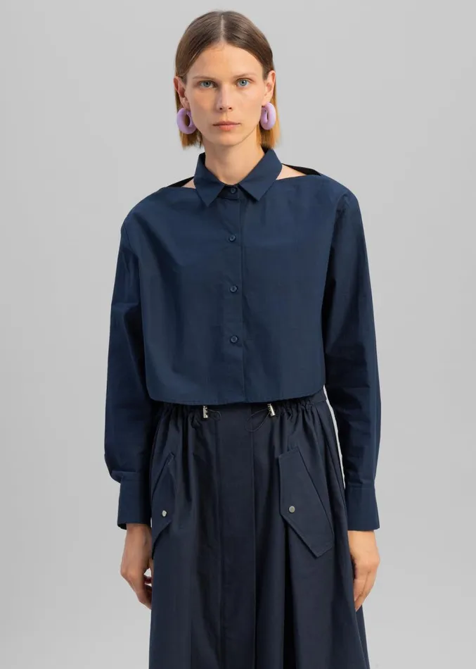 The Frankie Shop Lara Open Shoulder Cropped Shirt 8211 Navy Women Clothing