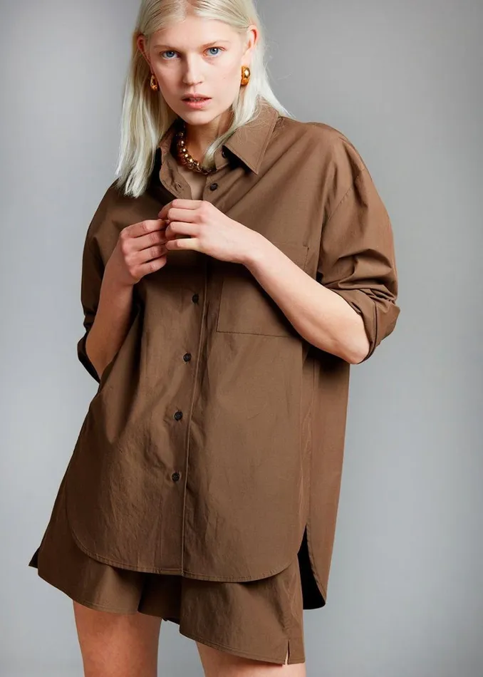 The Frankie Shop Lui Organic Cotton Shirt 8211 Chocolate Women Clothing