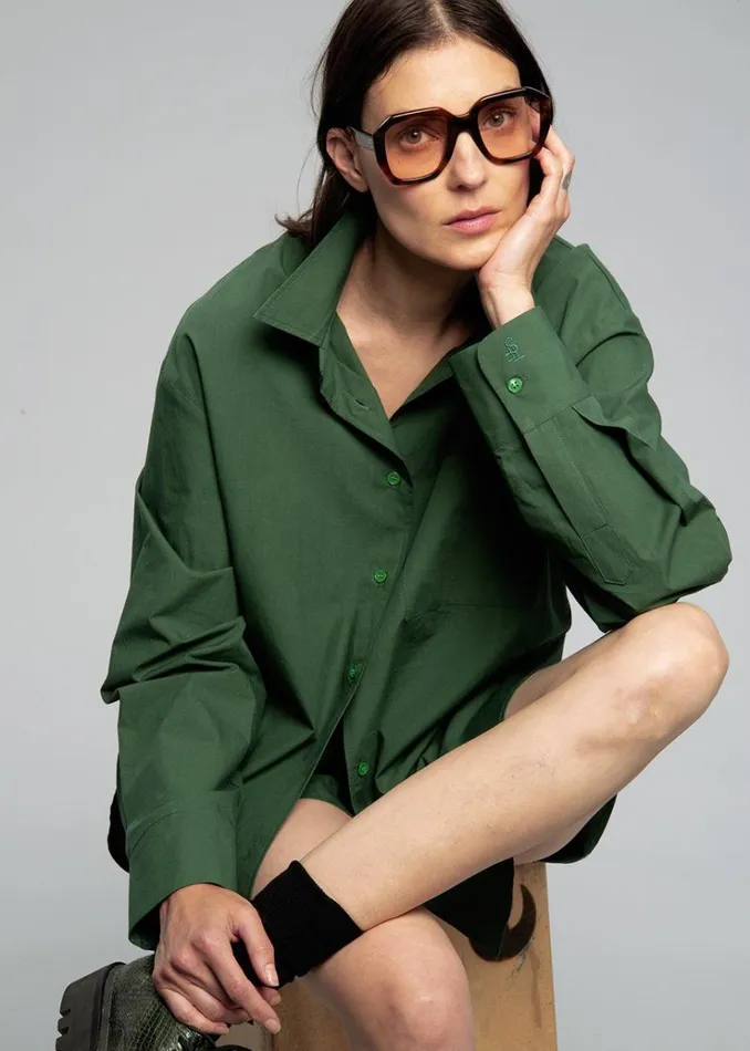 The Frankie Shop Lui Organic Cotton Shirt 8211 Hunter Green Women Clothing