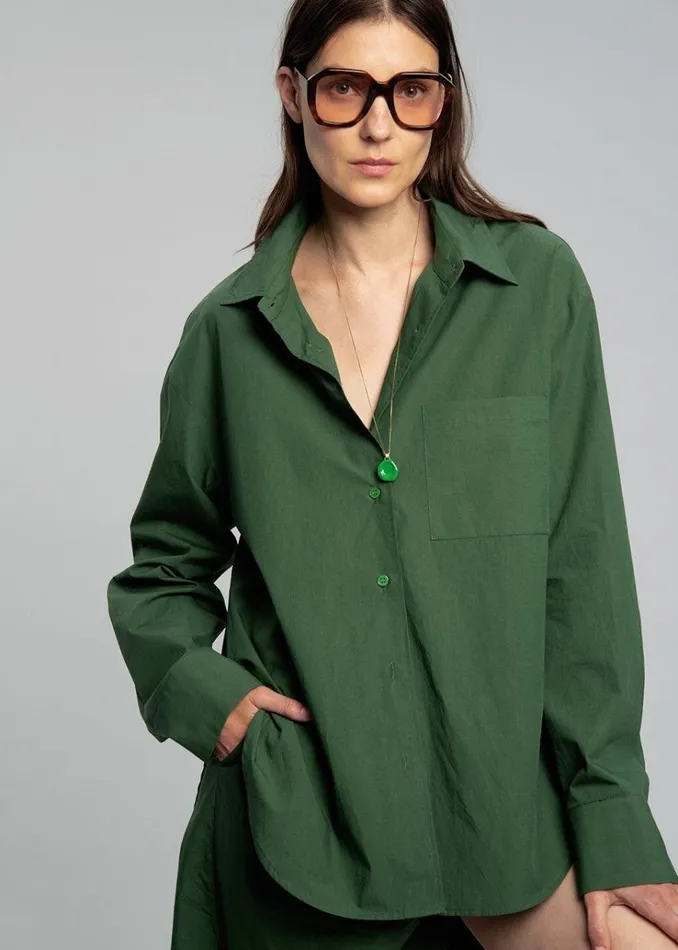 The Frankie Shop Lui Organic Cotton Shirt 8211 Hunter Green Women Clothing