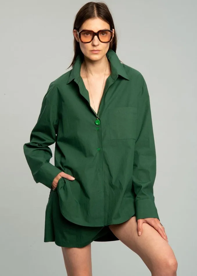 The Frankie Shop Lui Organic Cotton Shirt 8211 Hunter Green Women Clothing