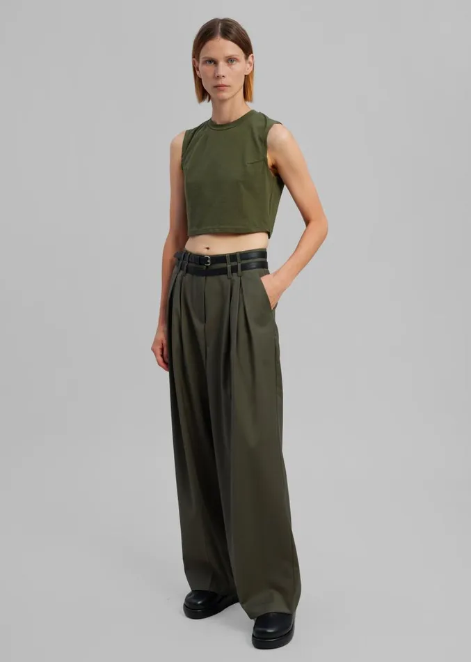The Frankie Shop Nellie Belted Pleated Pants 8211 Olive Women Clothing