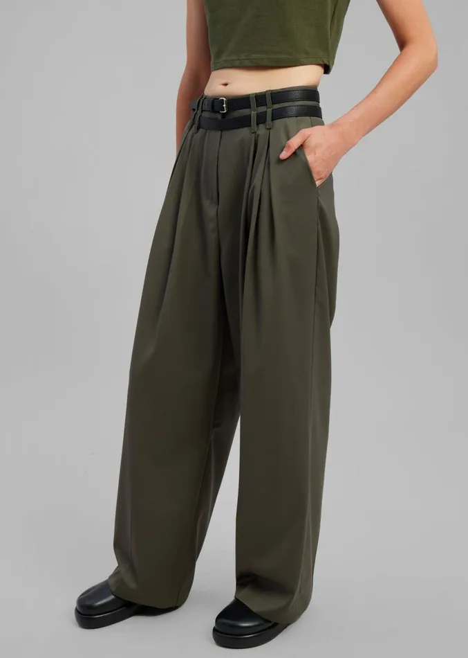The Frankie Shop Nellie Belted Pleated Pants 8211 Olive Women Clothing