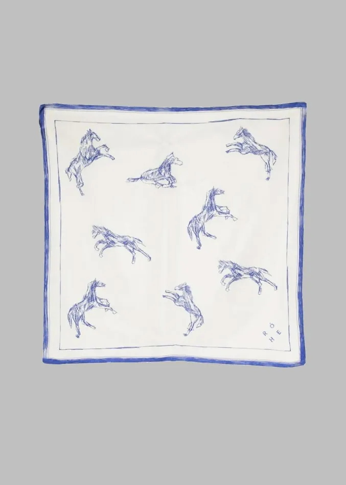 The Frankie Shop Rhe Silk Ballpoint Horse Scarf 8211 Horse Print Ballpoint Blue MenWomen Accessories