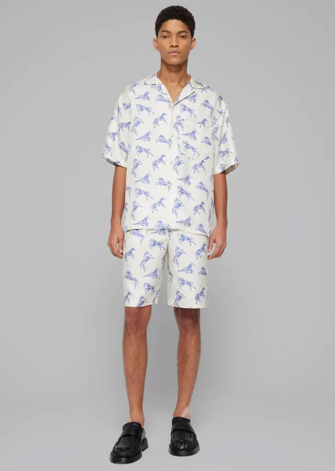 The Frankie Shop Rhe Silk Ballpoint Horse Shorts 8211 Horse Print Ballpoint Blue Men Clothing