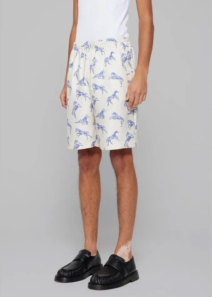 The Frankie Shop Rhe Silk Ballpoint Horse Shorts 8211 Horse Print Ballpoint Blue Men Clothing