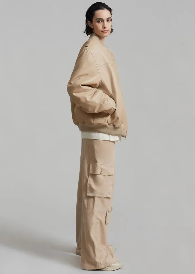 The Frankie Shop REMAIN Leather Bomber Jacket 8211 Incense Beige Women Clothing