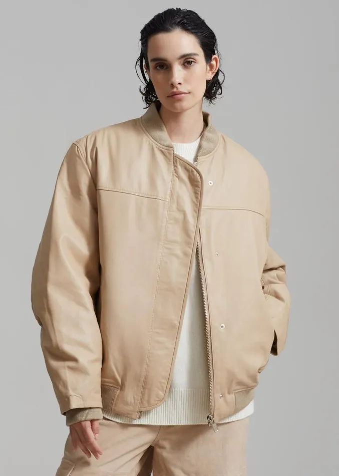 The Frankie Shop REMAIN Leather Bomber Jacket 8211 Incense Beige Women Clothing