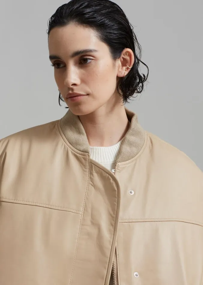 The Frankie Shop REMAIN Leather Bomber Jacket 8211 Incense Beige Women Clothing