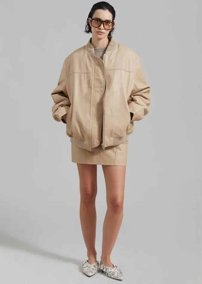 The Frankie Shop REMAIN Leather Bomber Jacket 8211 Incense Beige Women Clothing