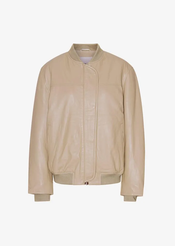The Frankie Shop REMAIN Leather Bomber Jacket 8211 Incense Beige Women Clothing