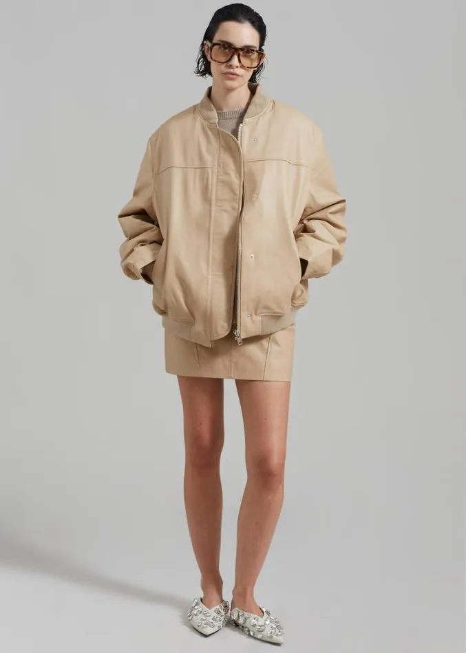 The Frankie Shop REMAIN Leather Mini Skirt 8211 Incense Beige Women Clothing