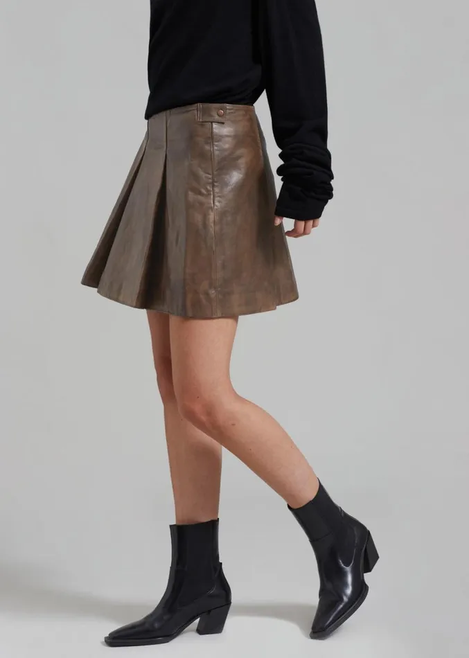 The Frankie Shop REMAIN Leather Pleated Skirt 8211 Brown Sugar Comb Women Clothing