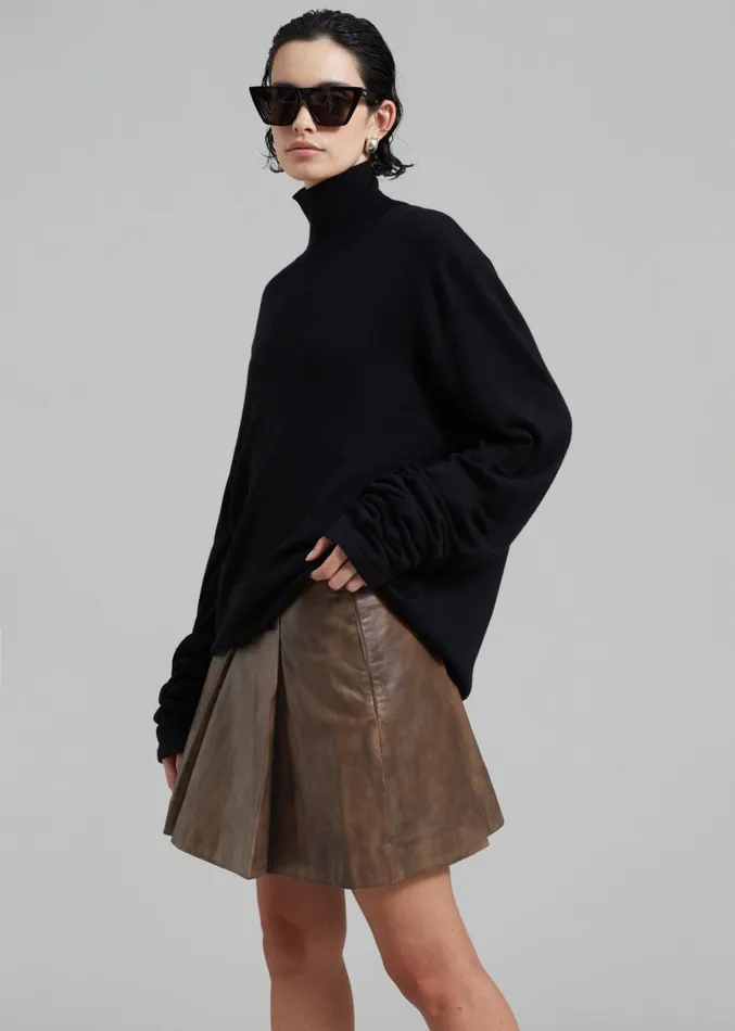 The Frankie Shop REMAIN Leather Pleated Skirt 8211 Brown Sugar Comb Women Clothing