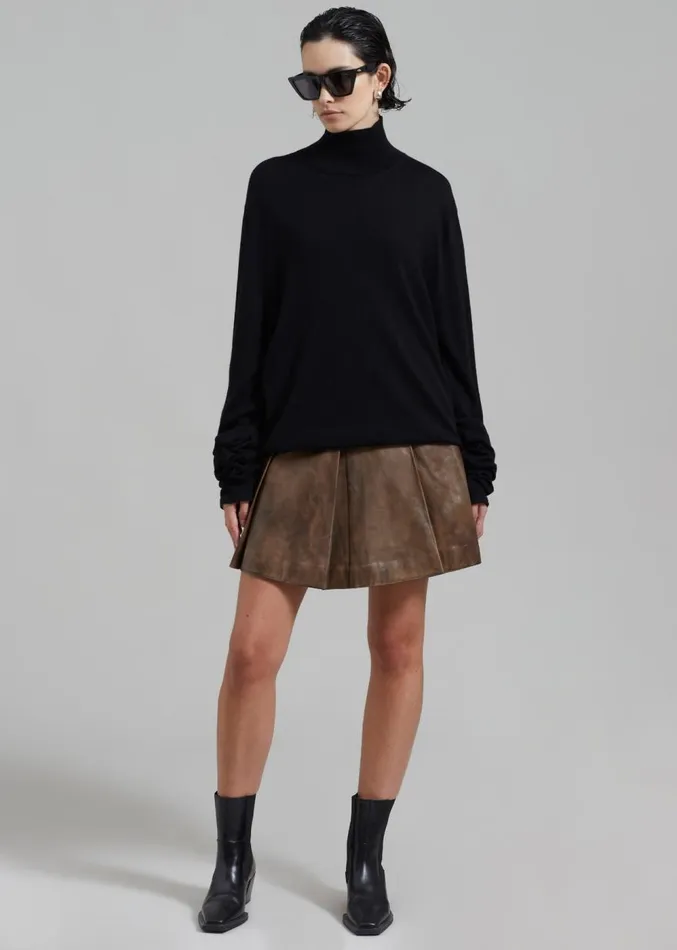 The Frankie Shop REMAIN Leather Pleated Skirt 8211 Brown Sugar Comb Women Clothing