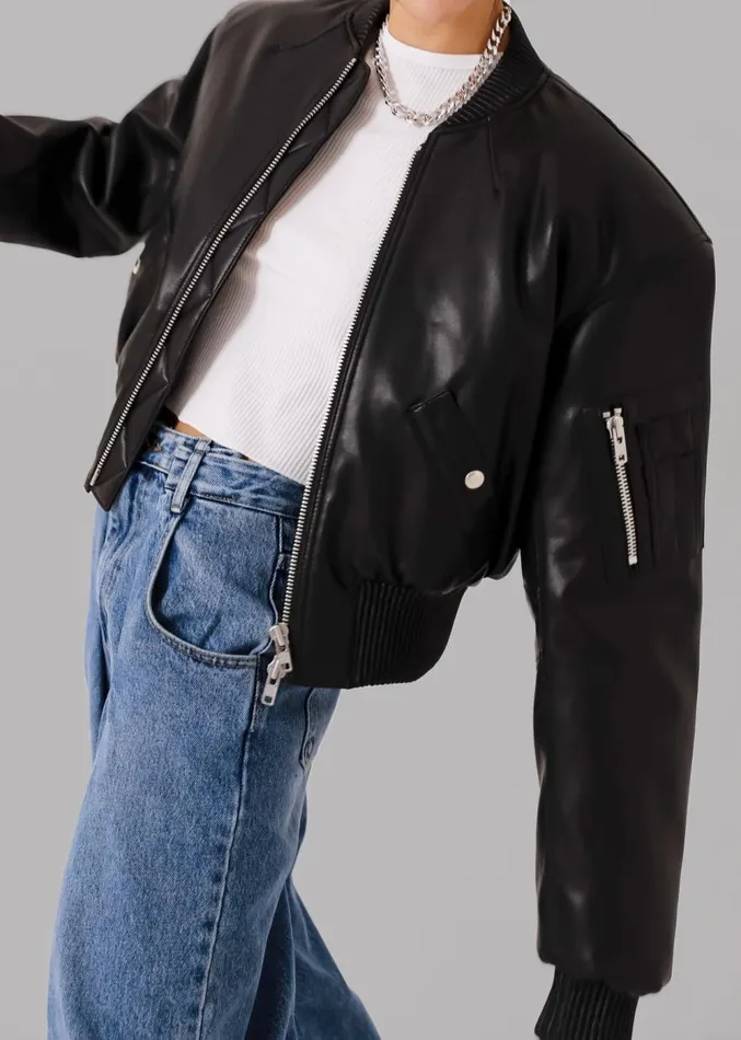 The Frankie Shop Sille FauxLeather Cropped Bomber 8211 Black Women Outerwear