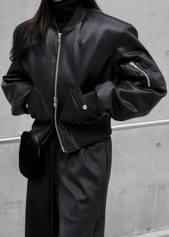 The Frankie Shop Sille FauxLeather Cropped Bomber 8211 Black Women Outerwear