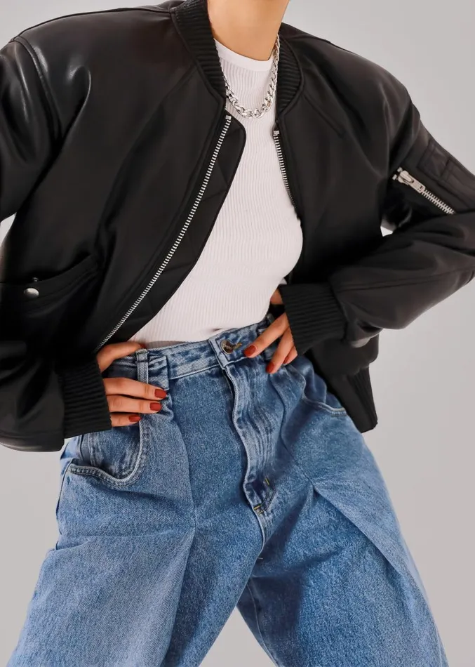 The Frankie Shop Sille FauxLeather Cropped Bomber 8211 Black Women Outerwear