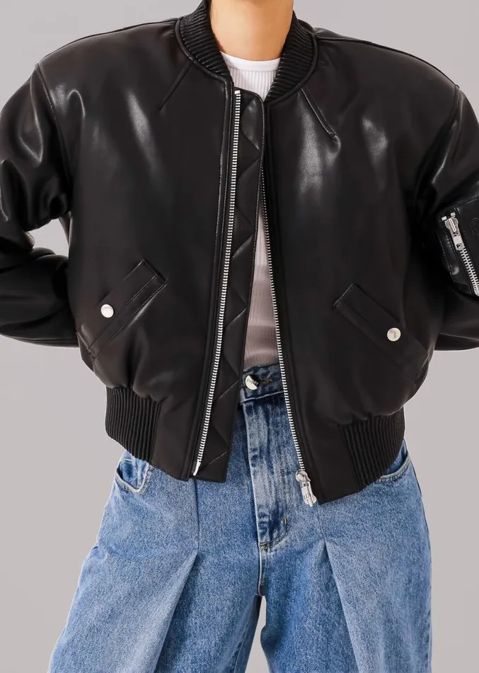 The Frankie Shop Sille FauxLeather Cropped Bomber 8211 Black Women Outerwear