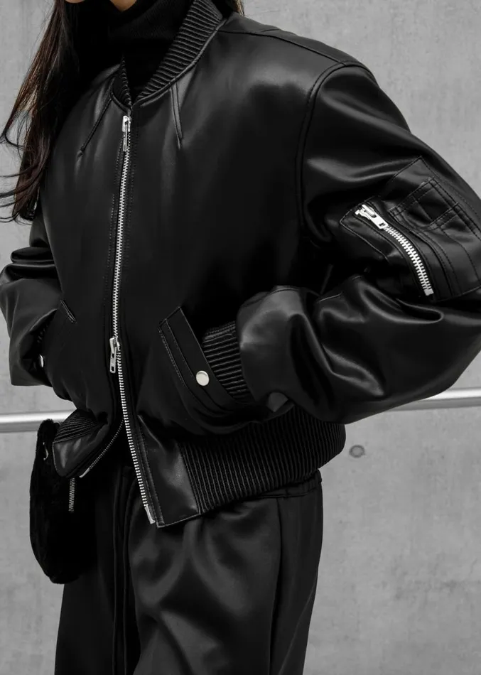 The Frankie Shop Sille FauxLeather Cropped Bomber 8211 Black Women Outerwear