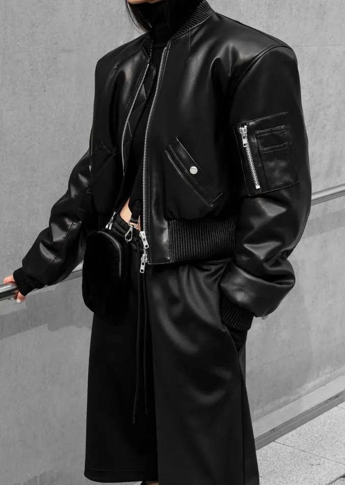 The Frankie Shop Sille FauxLeather Cropped Bomber 8211 Black Women Outerwear