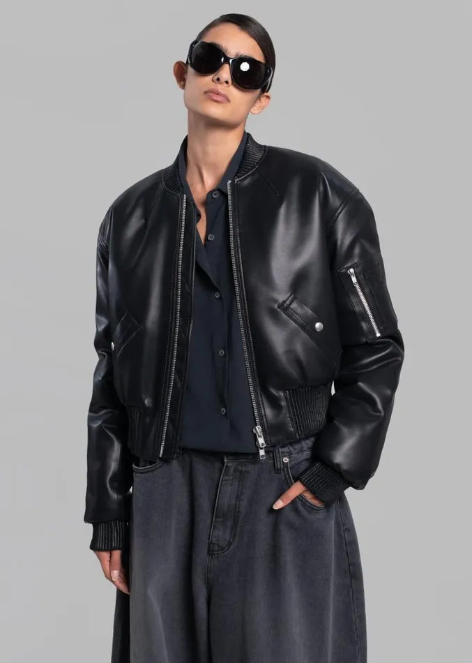 The Frankie Shop Sille FauxLeather Cropped Bomber 8211 Black Women Outerwear