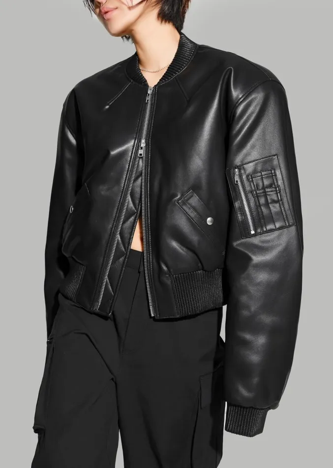 The Frankie Shop Sille FauxLeather Cropped Bomber 8211 Black Women Outerwear