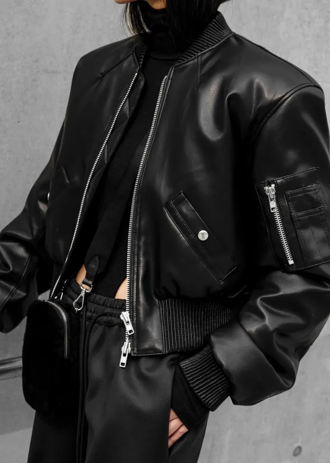 The Frankie Shop Sille FauxLeather Cropped Bomber 8211 Black Women Outerwear