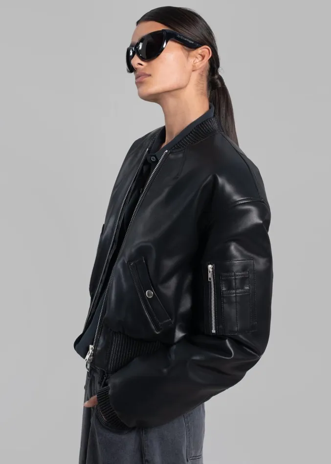 The Frankie Shop Sille FauxLeather Cropped Bomber 8211 Black Women Outerwear