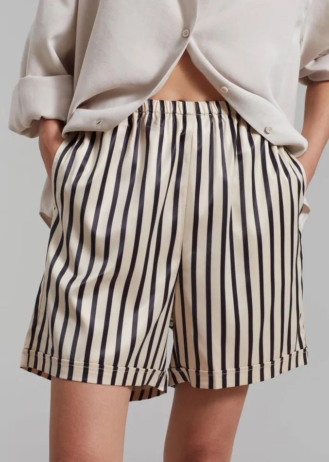 The Frankie Shop Solaqua Silk Shorts 8211 Ecru With Black Stripes Women Clothing