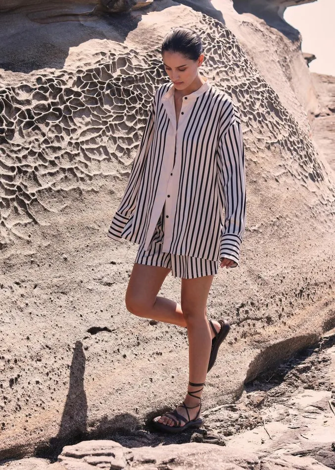 The Frankie Shop Solaqua Silk Shorts 8211 Ecru With Black Stripes Women Clothing