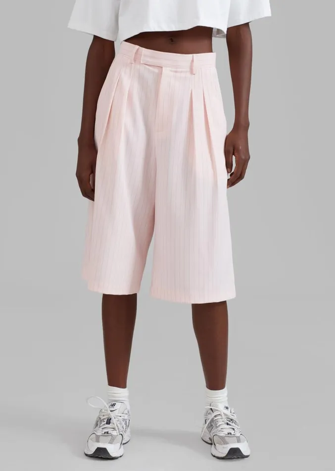 The Frankie Shop Vivian Fluid Pleated Bermuda Shorts 8211 Pink Pinstripe Women Clothing
