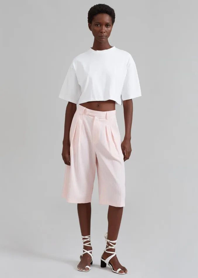 The Frankie Shop Vivian Fluid Pleated Bermuda Shorts 8211 Pink Pinstripe Women Clothing