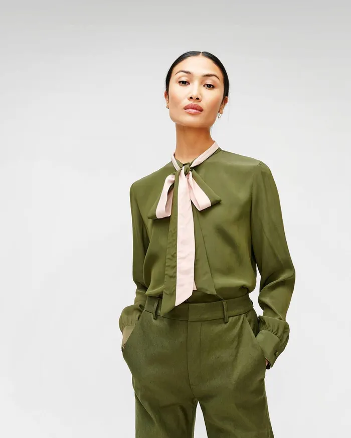 Tops Women 7 For All Mankind Contrast TieNeck Blouse In Military Green