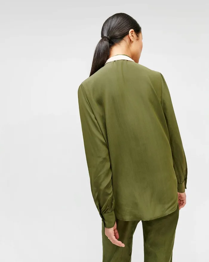 Tops Women 7 For All Mankind Contrast TieNeck Blouse In Military Green