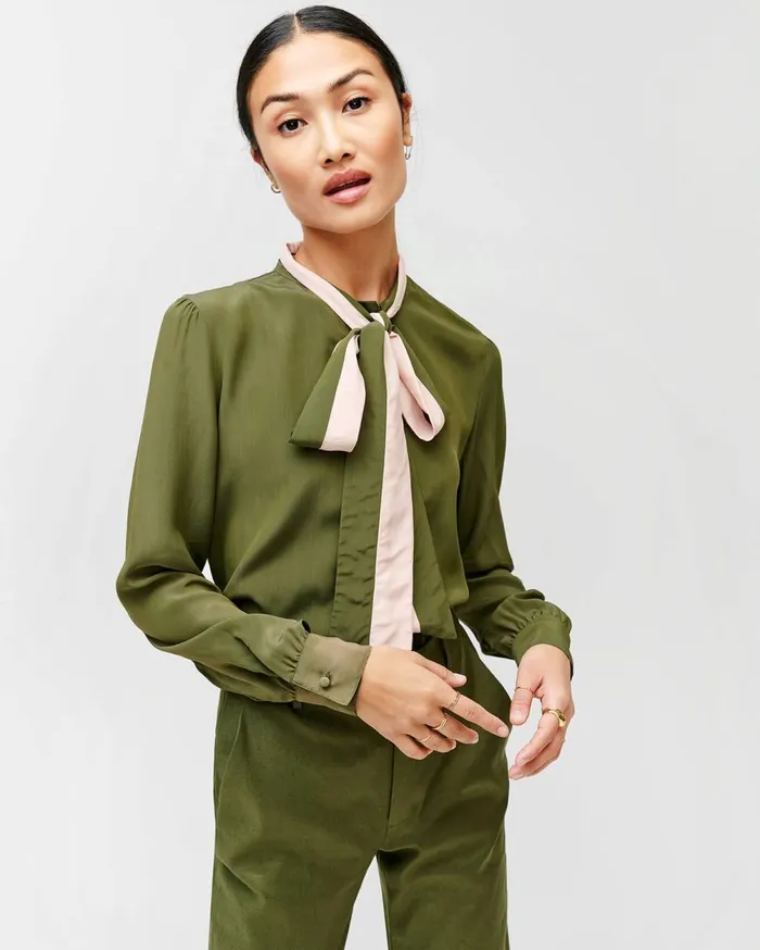 Tops Women 7 For All Mankind Contrast TieNeck Blouse In Military Green